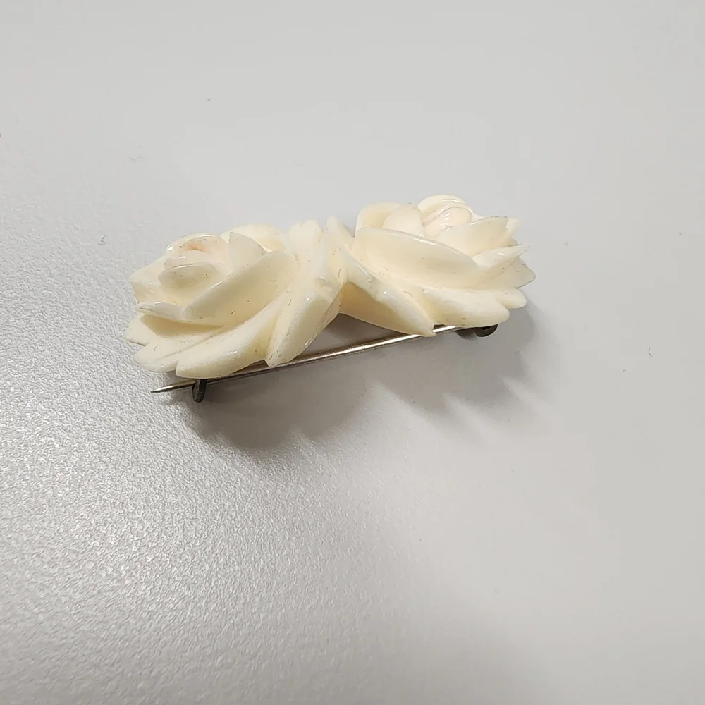 Vintage Carved Rose Brooch Creamy Off-White Double Flower Floral Pin Victorian